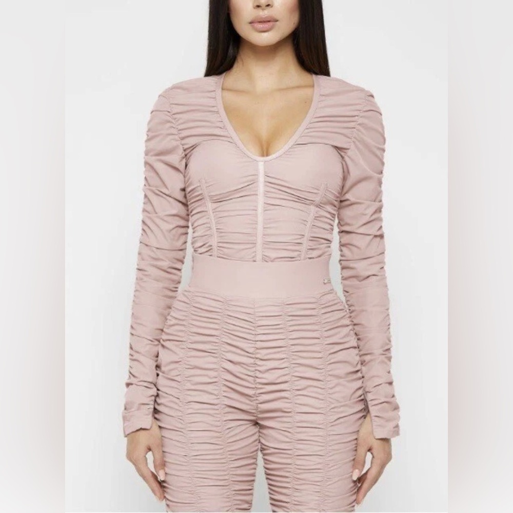 NEW Manière De Voir pink ruched long sleeve bodysuit 6